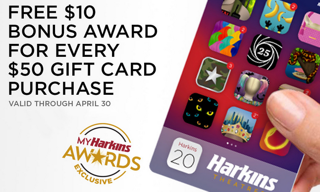 Harkins Gift Card Bonus! ~ Get $10 extra for every $50 you spend ...